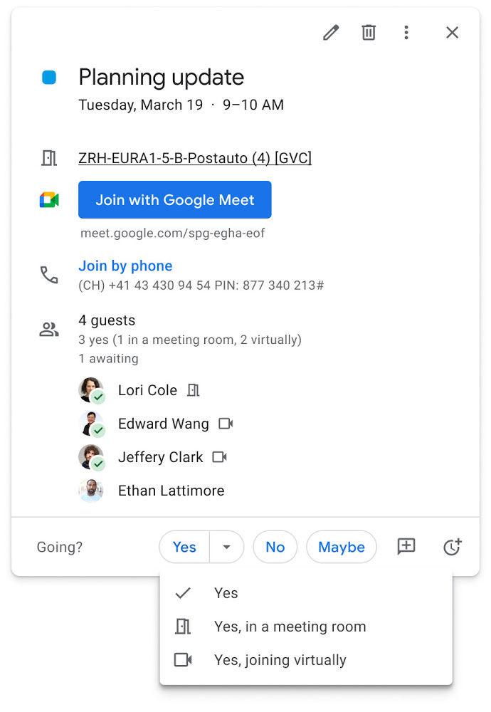 You can RSVP to meetings with your join location specified