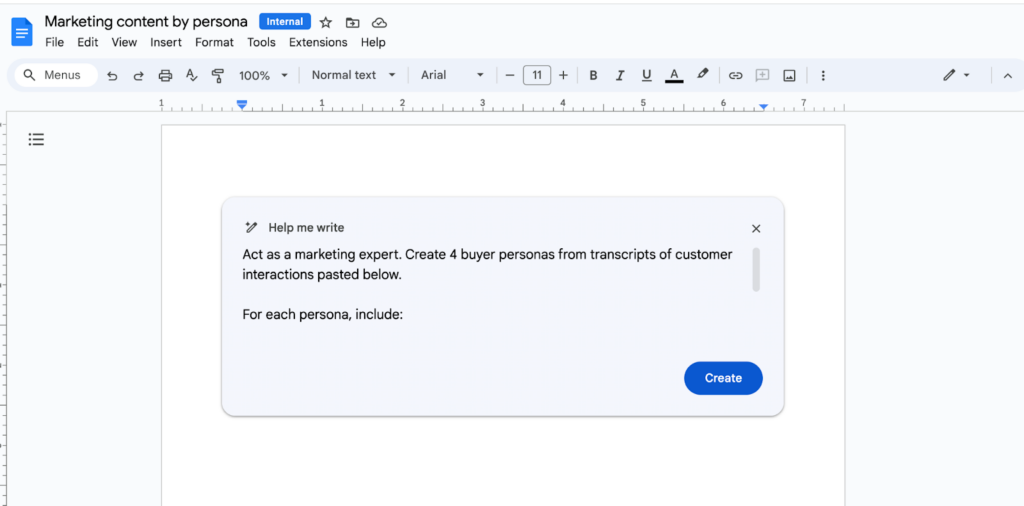 Leverage generative AI for marketing with Google's Duet AI. This image features a screenshot of the "Help me write" feature in Google Docs.